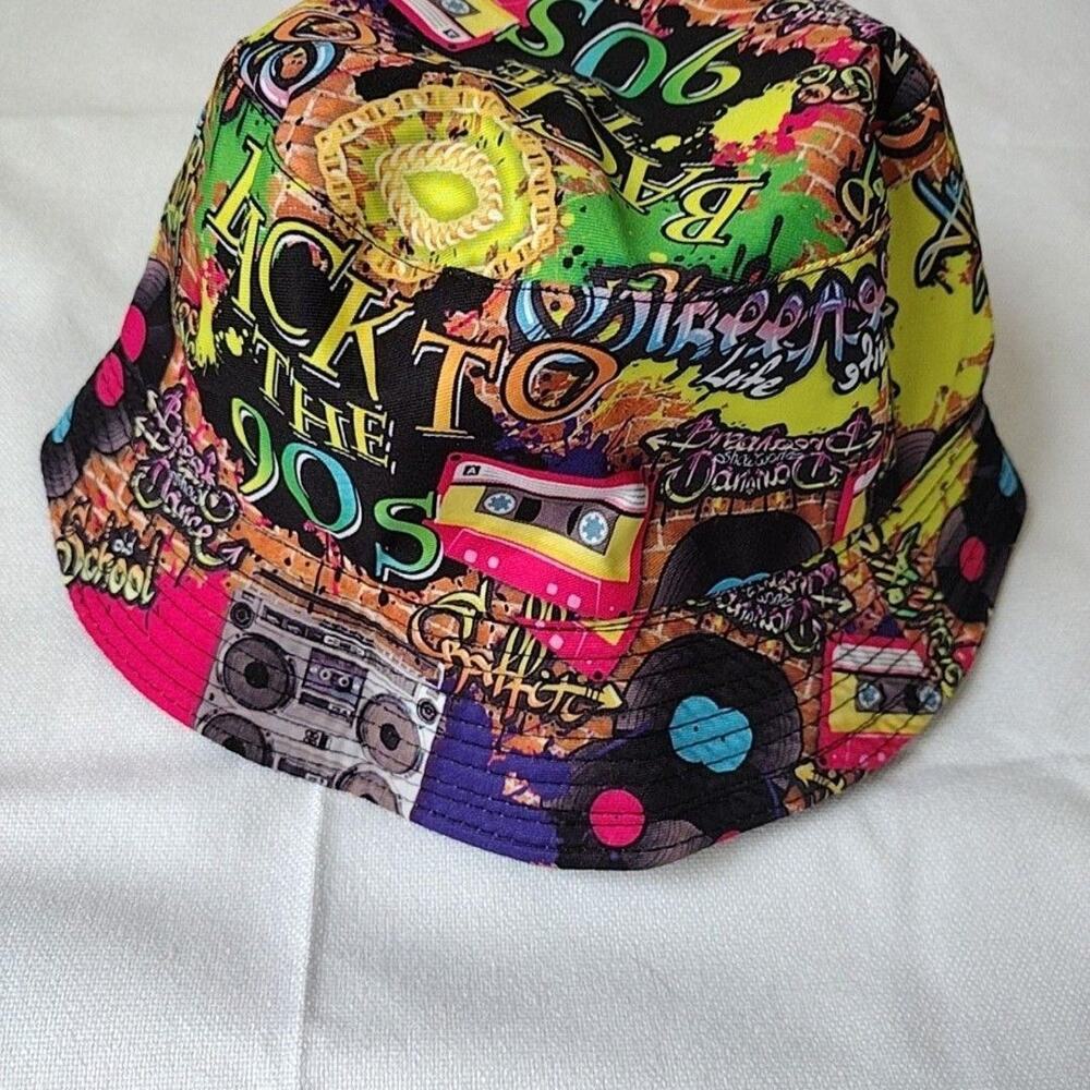 Back To The 90s Hat Bucket Mens One Size Multicolor Hip Hop Retro Music Graffiti